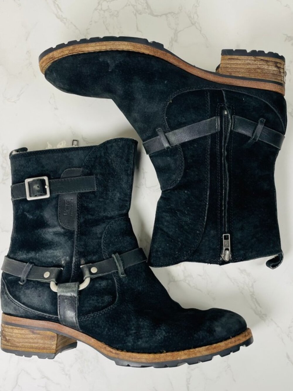 UGG Australia 5604 Black ENDELL Harness Biker Suede Shearling Boots | Size 8.5